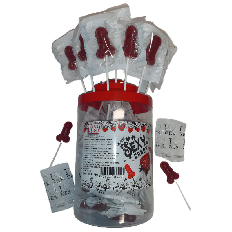 DIABLO PICANTE - 50 STRAWBERRY AND CHERRY PENIS LOLLIPOPS 50 UNITS