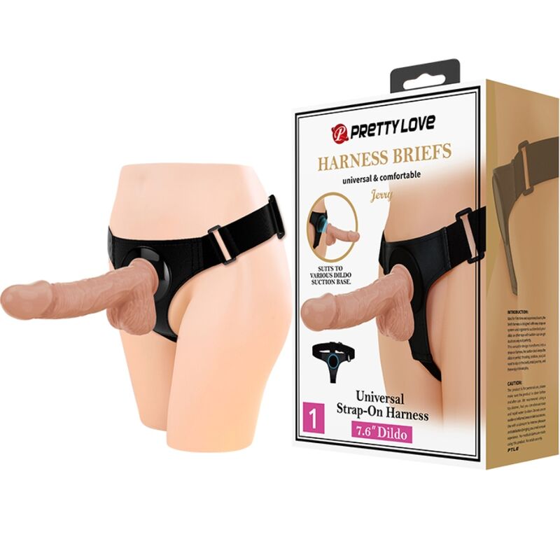 PRETTY LOVE - UNIVERSAL HARNESS BRIEFS WITH JERRY 21.8 CM NATURAL DILDO