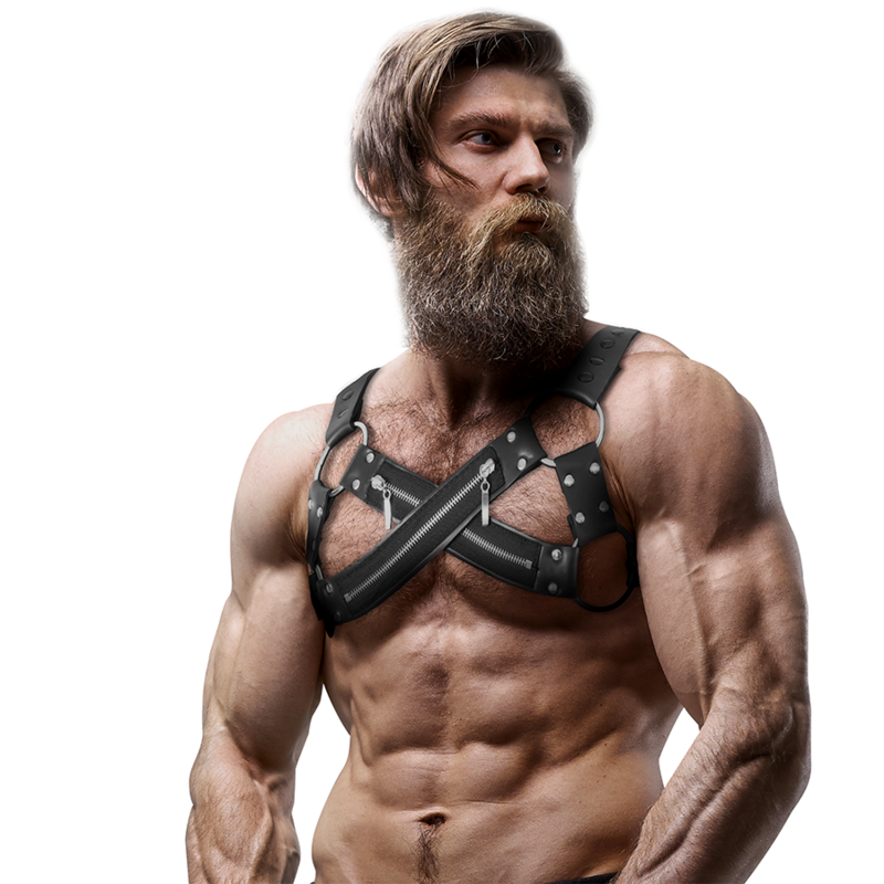 FETISH SUBMISSIVE ATTITUDE - ADJUSTABLE NEOPRENE CROSS CHEST HARNESS WITH ZIPPERS FOR MEN