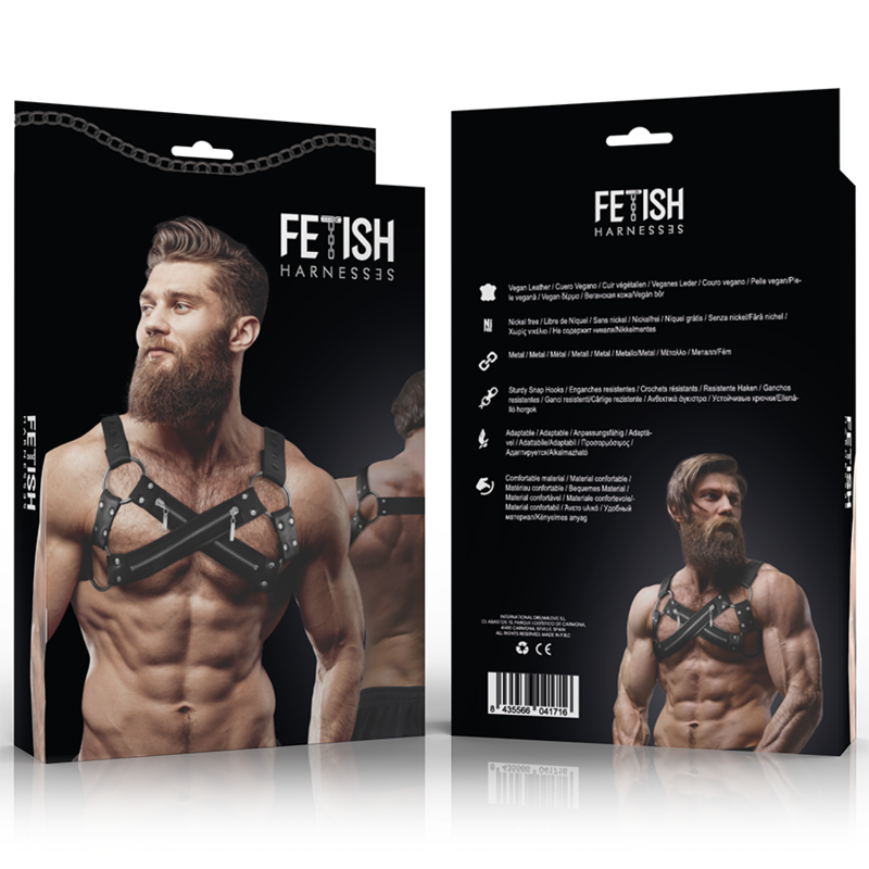 FETISH SUBMISSIVE ATTITUDE - ADJUSTABLE NEOPRENE CROSS CHEST HARNESS WITH ZIPPERS FOR MEN