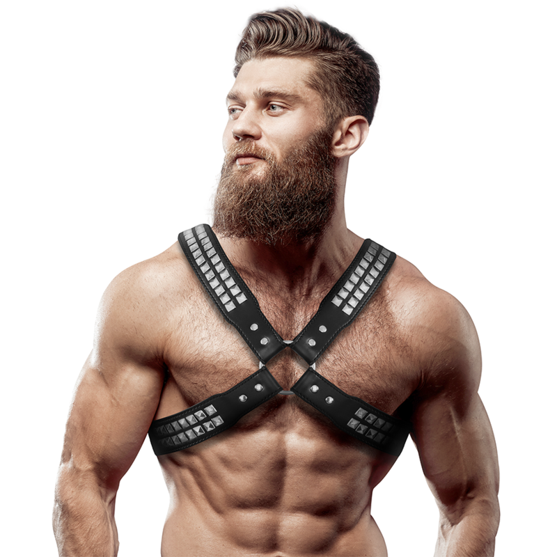 FETISH SUBMISSIVE ATTITUDE - MEN'S ECO-FRIENDLY CROSS-CHEST LEATHER HARNESS WITH RIVETS
