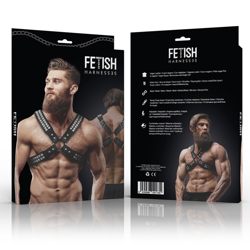 FETISH SUBMISSIVE ATTITUDE - MEN'S ECO-FRIENDLY CROSS-CHEST LEATHER HARNESS WITH RIVETS