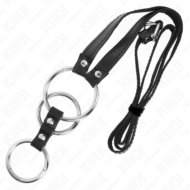 KINK - 3.8CM TO 5CM TRIPLE METAL COCK RING WITH 112CM LEATHER BELT