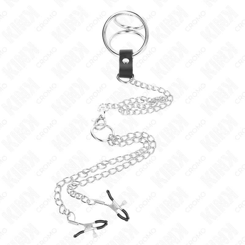 KINK - TRIPLE CHROME METAL COCK RING 3CM TO 4.5CM WITH 26CM METAL CHAIN AND NIPPLE CLAMPS