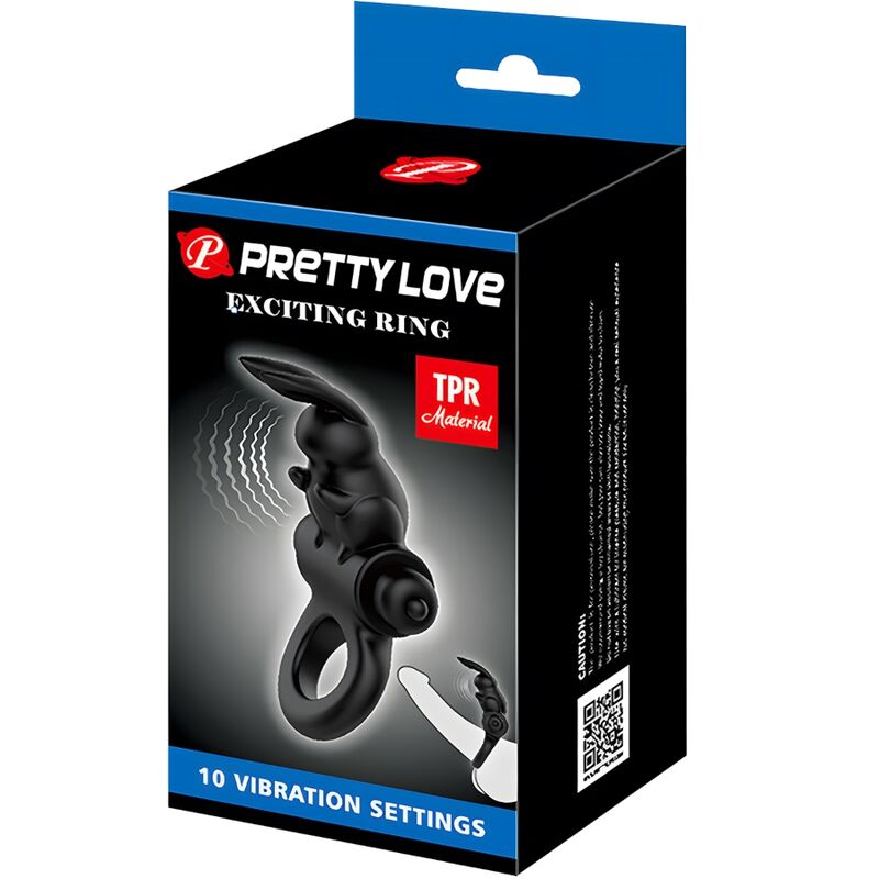 PRETTY LOVE - ANILLO VIBRADOR CONEJO, 10 VIBRACIONES, NEGRO