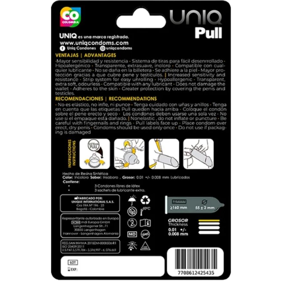 UNIQ - PULL LATEX-FREE CONDOMS WITH STRIPS 3 UNITS