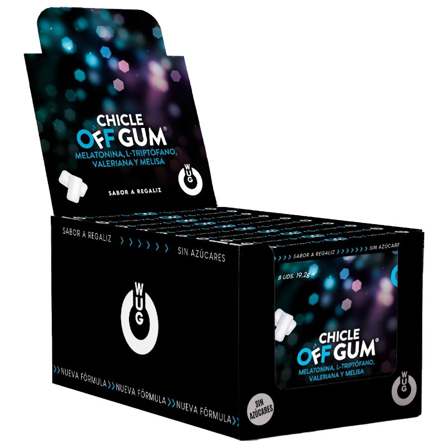 WUG GUM - OFF À BASE DE VALÉRIANE, DE TRYPTOPHANE, DE MÉLISSE ET DE MÉLATONINE | PRÉSENTOIR 12 X 8 UNITÉS