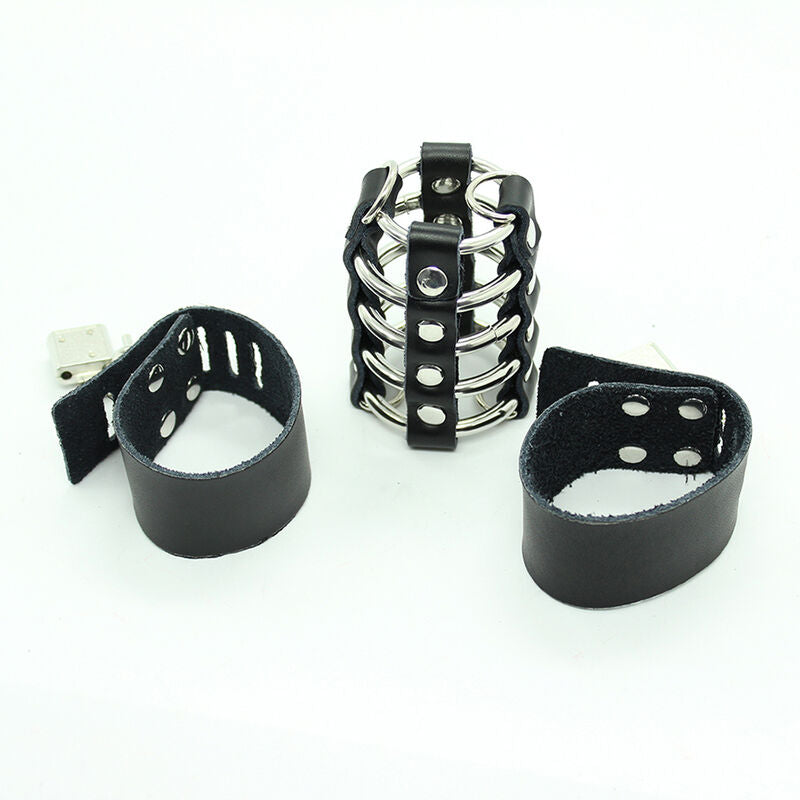 OHMAMA FETISH - COCK CAGE WITH METAL RINGS AND LEATHER STRAP
