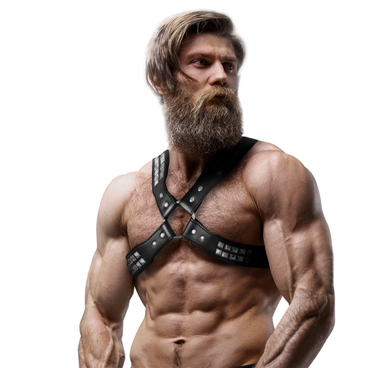 FETISH SUBMISSIVE ATTITUDE - MEN'S ECO-FRIENDLY CROSS-CHEST LEATHER HARNESS WITH RIVETS