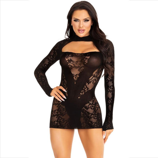 LEG AVENUE - MINI VESTIDO CON ENCAJE, MANGAS LARGAS, NEGRO
