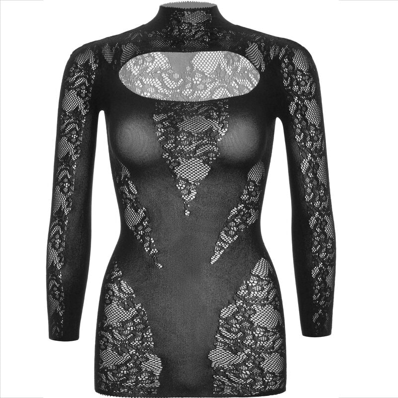 LEG AVENUE - MINI VESTIDO CON ENCAJE, MANGAS LARGAS, NEGRO
