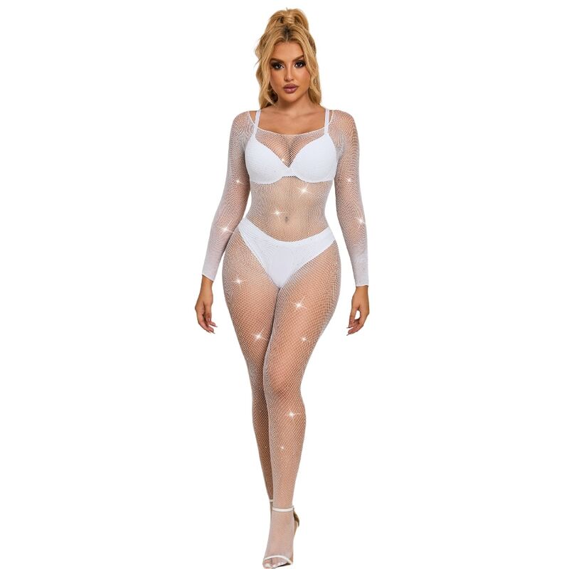SUBBLIME - 952396 Fishnet Bodystocking with Diamonds, Long Sleeves, White, One Size