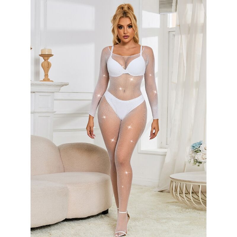 SUBBLIME - 952396 Fishnet Bodystocking with Diamonds, Long Sleeves, White, One Size