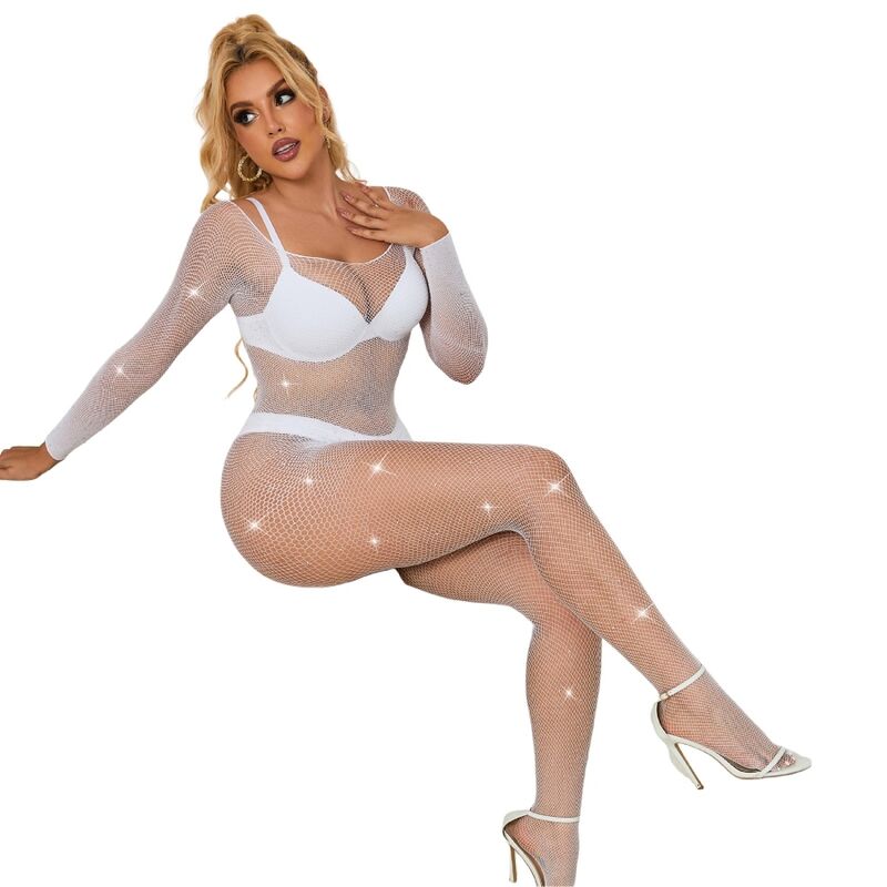 SUBBLIME - 952396 Fishnet Bodystocking with Diamonds, Long Sleeves, White, One Size