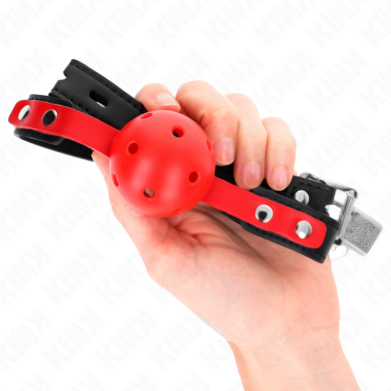 KINK - RED HOLLOW HARD BALL 4 CM BLACK BRACELET GAG 60 x 2 CM ADJUSTABLE 37-52 CM