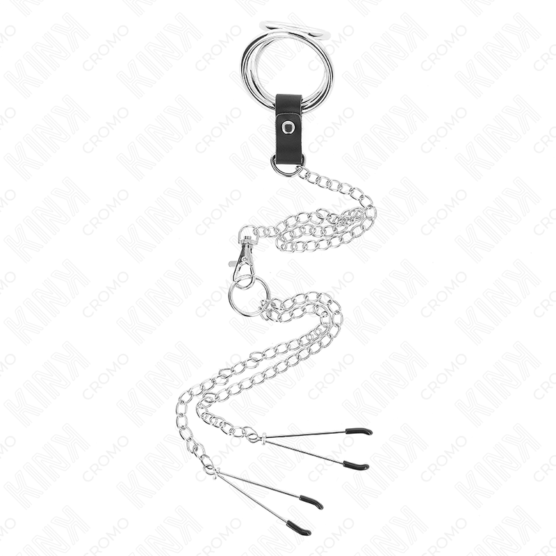 KINK - TRIPLE CHROME METAL COCK RING 3CM TO 4.5CM WITH 26CM METAL CHAIN AND NIPPLE CLAMPS