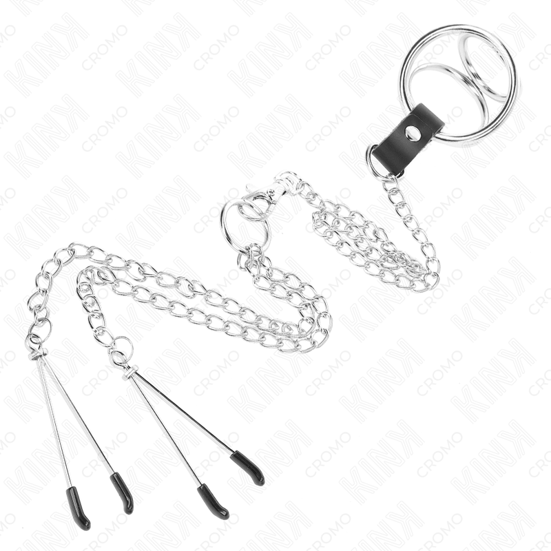 KINK - TRIPLE CHROME METAL COCK RING 3CM TO 4.5CM WITH 26CM METAL CHAIN AND NIPPLE CLAMPS
