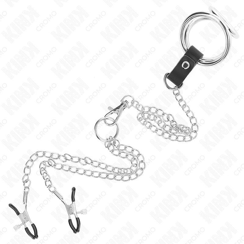 KINK - 1.5" TO 2" TRIPLE CHROME METAL COCK RING WITH 10.25" METAL CHAIN AND NIPPLE CLAMPS MODEL 1