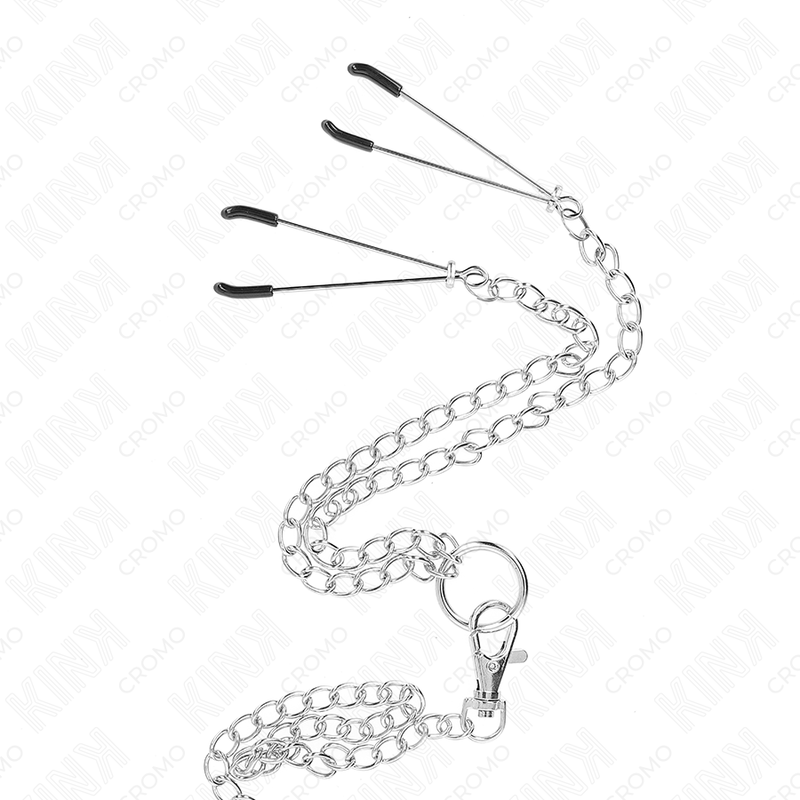 KINK - 1.5" TO 2" TRIPLE CHROME METAL COCK RING WITH 10.25" METAL CHAIN AND NIPPLE CLAMPS MODEL 2