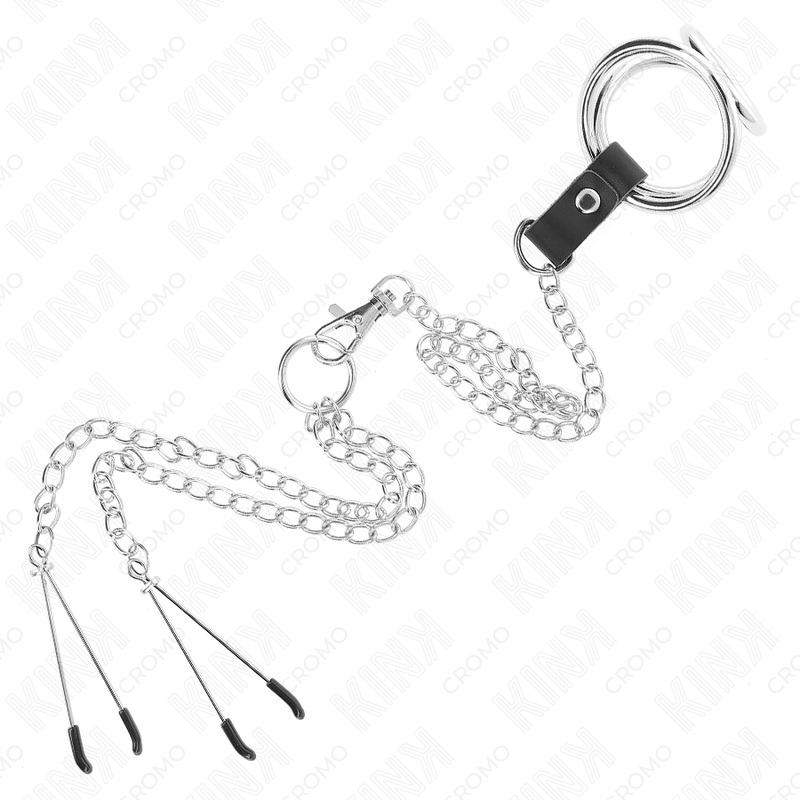 KINK - 1.5" TO 2" TRIPLE CHROME METAL COCK RING WITH 10.25" METAL CHAIN AND NIPPLE CLAMPS MODEL 2