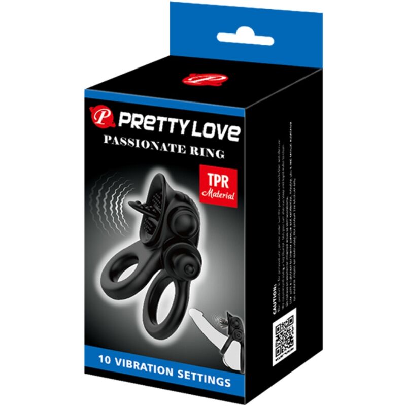 PRETTY LOVE - PASSIONATE RING ANILLO VIBRADOR DOBLE + ESTIMULADOR DE CLÍTORIS NEGRO