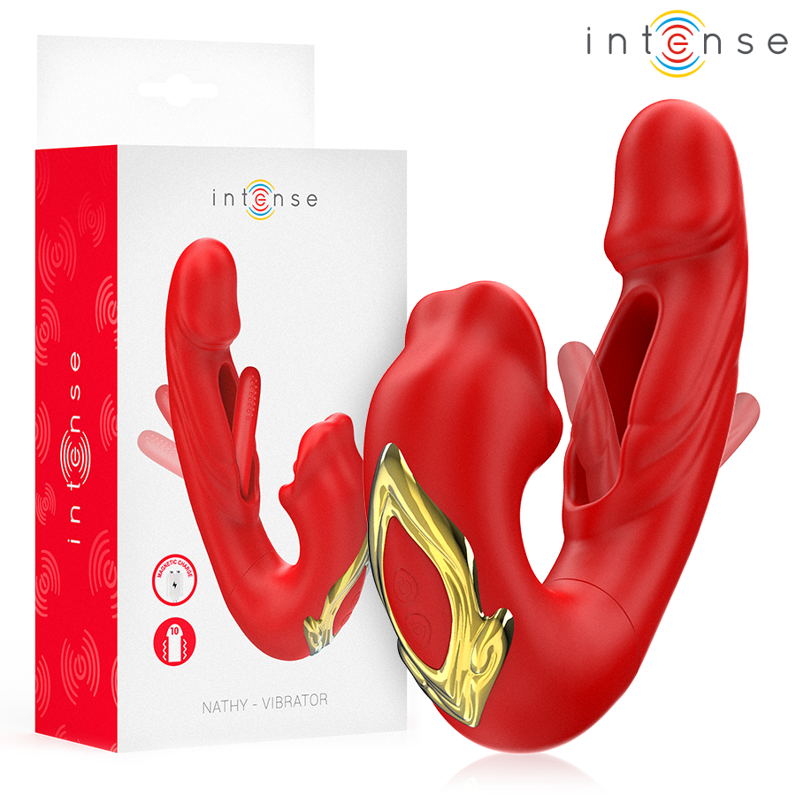 INTENSE - NATHY DOUBLE VIBRATEUR AVEC BOUCHE STIMULANTE MULTIFONCTION ROUGE