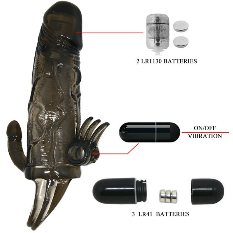 BAILE - BRAVE MAN PENIS COVER WITH CLITORISM AND ANAL STIMULATION DOUBLE BULLET BLACK 16.5 CM