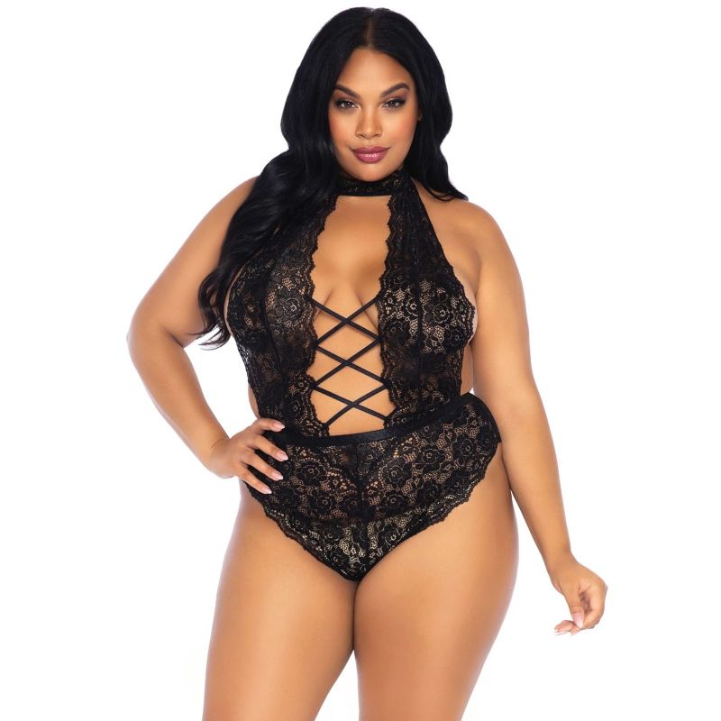 LEG AVENUE - PLUS SIZE CROTHLESS FLORAL LACE TEDDY